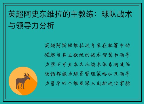 英超阿史东维拉的主教练：球队战术与领导力分析